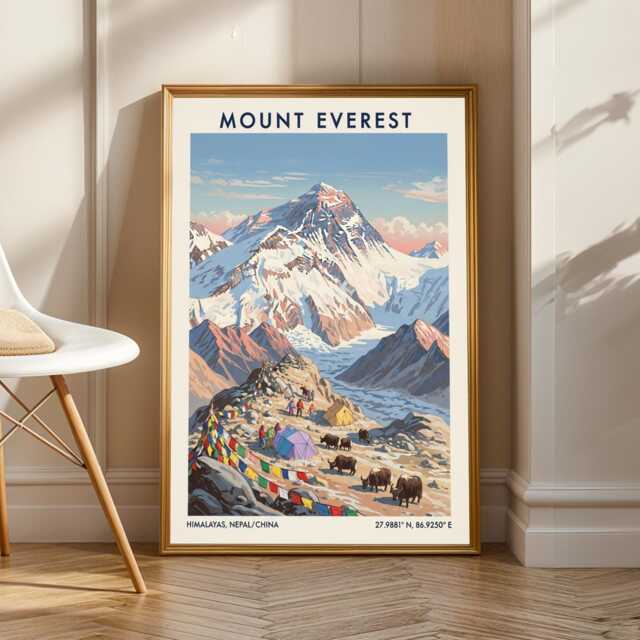 Vintage Mount Everest Gouache Painting Himalayan Travel Art Print - image 1