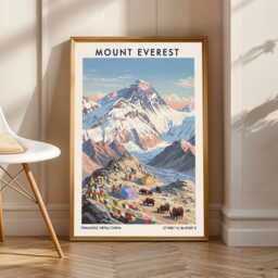 Vintage Mount Everest Gouache Painting Himalayan Travel Art Print - thumbnail 1