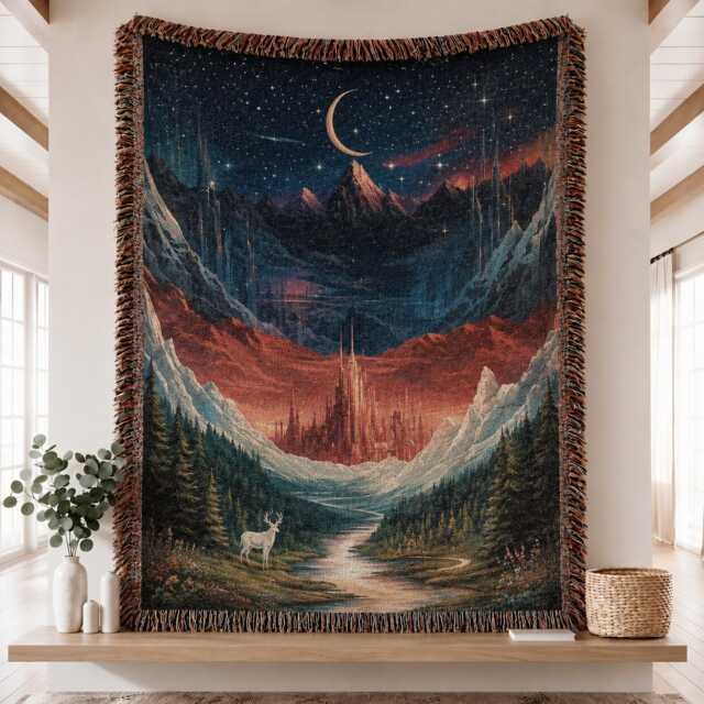 Acotar Woven Tapestry Blanket, Court Velaris Inspired Fantasy Bookish Celestial Mountain City Scene - image 1