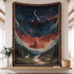 Acotar Woven Tapestry Blanket, Court Velaris Inspired Fantasy Bookish Celestial Mountain City Scene - thumbnail 1