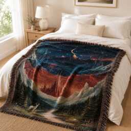 Acotar Woven Tapestry Blanket, Court Velaris Inspired Fantasy Bookish Celestial Mountain City Scene - thumbnail 3