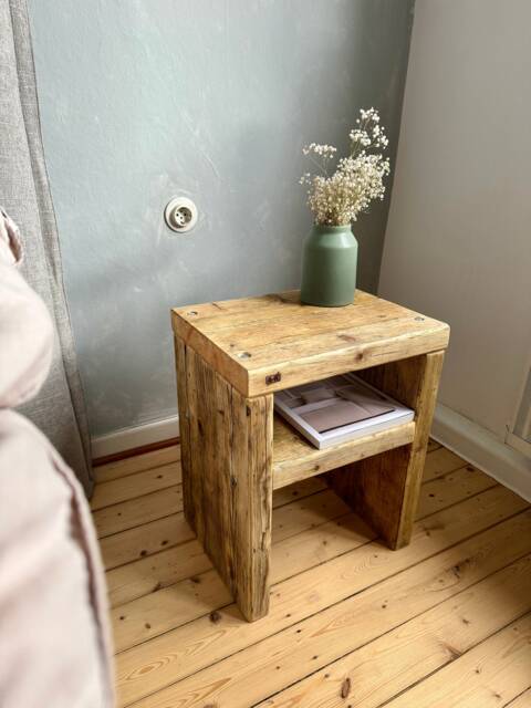Rustic Bedside Table Made From Scaffolding Planks With Shelf - image 1