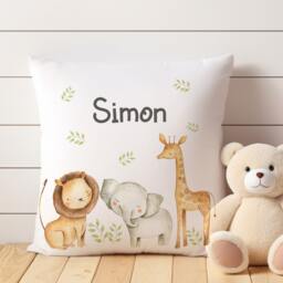 Personalized Safari Nursery Cushion, African Animals Theme Jungle Pillow, Kids Birthday Gift - thumbnail 2