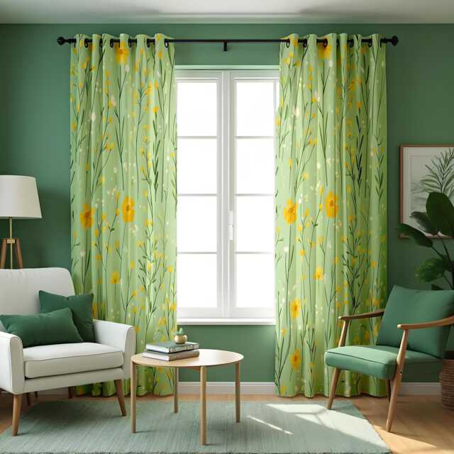 Light Green Meadow Floral Curtains, Yellow Wildflower Botanical Drapes, Soft Spring Garden Pattern Window Curtain Panels - image 1