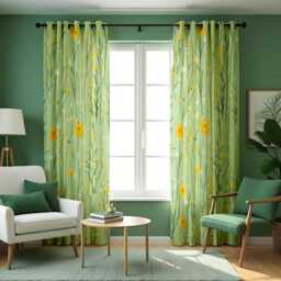 Light Green Meadow Floral Curtains, Yellow Wildflower Botanical Drapes, Soft Spring Garden Pattern Window Curtain Panels - thumbnail 1