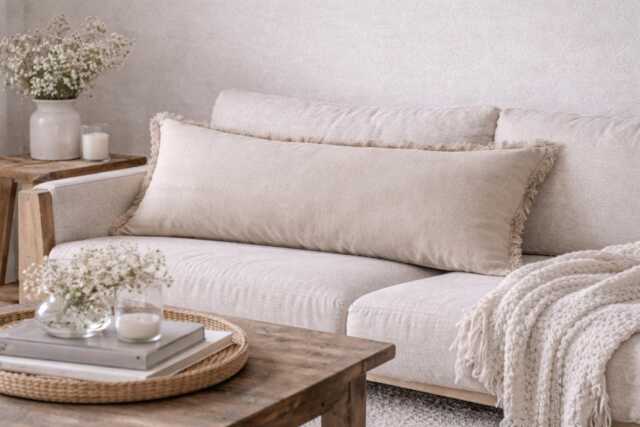 Natural Linen Lumbar Pillow Cover Fringed Edge, Japandi Style For Farmhouse Decor - image 1