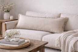 Natural Linen Lumbar Pillow Cover Fringed Edge, Japandi Style For Farmhouse Decor - thumbnail 1