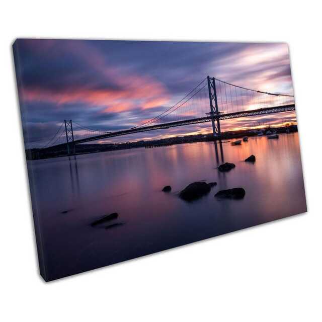 Vibrant Sunset Over Forth Bridge Art Print Scottish Home Decor Purple Blue Wall - image 1