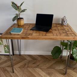 For??t Rustic Parquet Herringbone Chevron Patterned Wood Chunky Industrial Hairpin Leg Desk Table Handcrafted With Solid - thumbnail 2