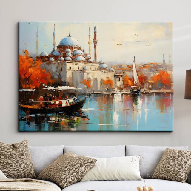 Istanbul River Mosque Turkey City Landmark Oil Painting Style Wall Art Framed Calming Canvas Poster Print Home/Office Room Decor Gifts - image 1