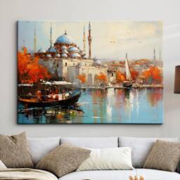Istanbul River Mosque Turkey City Landmark Oil Painting Style Wall Art Framed Calming Canvas Poster Print Home/Office Room Decor Gifts - thumbnail 1