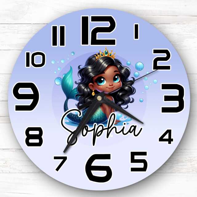 Dark Skin Mermaid Personalised Gift For Kid's Bedroom Clock - Kids Clock, Children's Decor, Custom Wall - image 1