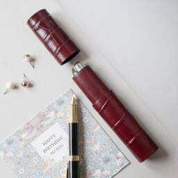 Single Fountain Pen Case Burgundy Crocodile Leather, Custom Engraved