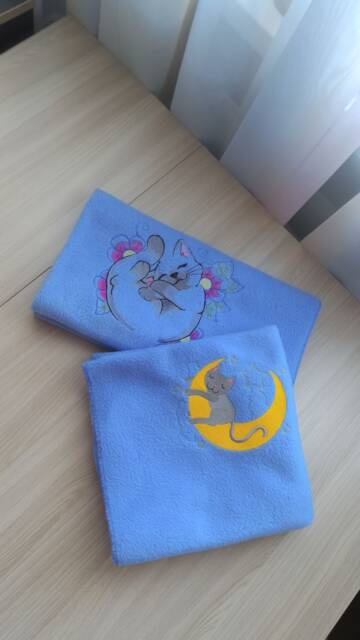 "Blue Baby Fleece Blanket With Embroidery ""Sleeping Cat"" & ""Cat On The Moon" - image 1