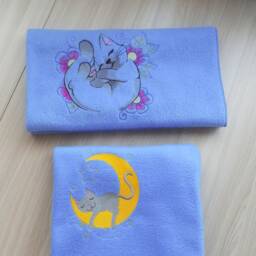 "Blue Baby Fleece Blanket With Embroidery ""Sleeping Cat"" & ""Cat On The Moon" - thumbnail 2