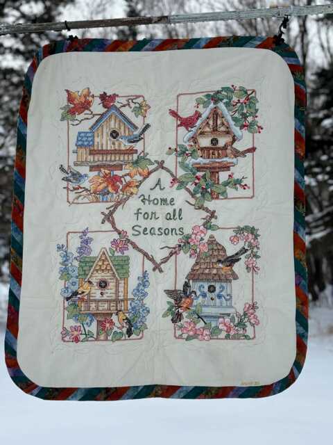 Small Handmade Quilt - Lap, Crib, Or Wheelchair Blanket -A Home For All Seasons -Hand Crafted Cross Stitched Wall Hanging - image 1