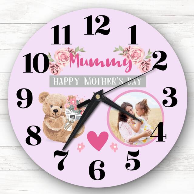 Mummy Mother's Day Gift Bear Photo Pink Personalised Clock - image 1