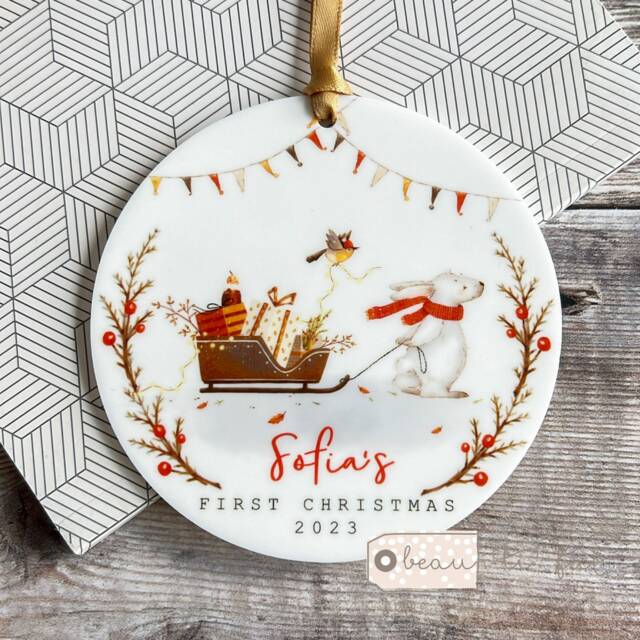 Personalised First Christmas Gift Woodland Sleigh Scene Rabbit Acrylic Or Ceramic Round Ornament Keepsake Tree Decoration Child Boy Girl