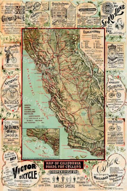 Old California Map, Cycling Bicycle 1895 Vintage Map, Cyclers Antique Wall Fine Art Print Poster - image 1