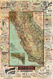Old California Map, Cycling Bicycle 1895 Vintage Map, Cyclers Antique Wall Fine Art Print Poster - thumbnail 1