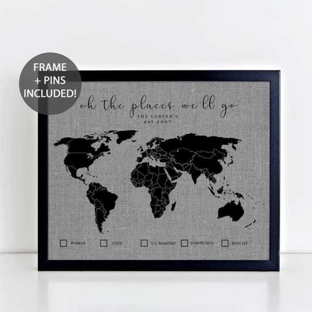Oh The Places We'll Go World Pushpin Map Travel Of Wall Art 1st Anniversary Gift Home Decor Framed - image 1