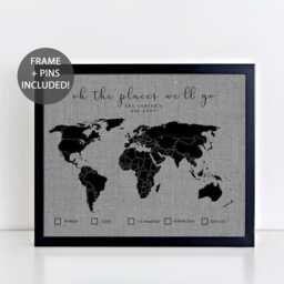 Oh The Places We'll Go World Pushpin Map Travel Of Wall Art 1st Anniversary Gift Home Decor Framed - thumbnail 1