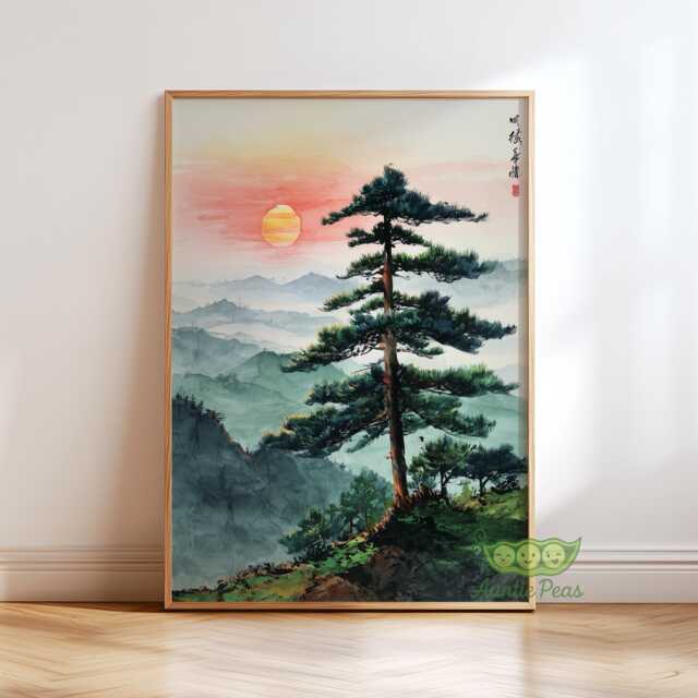 Japanese Tree Landscape Print, Misty Mountain Wall Art, Traditional Asian Nature Decor, Zen Living Room Poster, Sunset Art - image 1