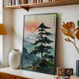 Japanese Tree Landscape Print, Misty Mountain Wall Art, Traditional Asian Nature Decor, Zen Living Room Poster, Sunset Art - thumbnail 2