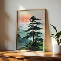 Japanese Tree Landscape Print, Misty Mountain Wall Art, Traditional Asian Nature Decor, Zen Living Room Poster, Sunset Art - thumbnail 3