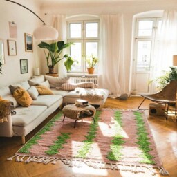 Moroccan Pink & Green Berber Rug, Handwoven Wool Shag Rug With Diamond Trellis, Authentic Beni Ourain Style Carpet, Large 9x12 Area - thumbnail 3