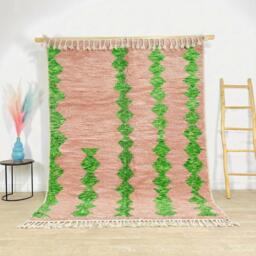 Moroccan Pink & Green Berber Rug, Handwoven Wool Shag Rug With Diamond Trellis, Authentic Beni Ourain Style Carpet, Large 9x12 Area