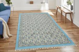 Handmade Blue & Gray Block Printed Cotton Rug Livng Room Area Carpet Stair Runner Custom - thumbnail 1