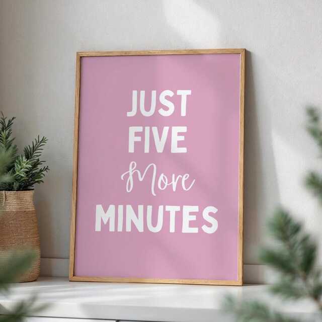 Just Five More Minutes Wall Print, Pink Bedroom Poster, Cute Girls Room Funny Art, Cozy Sleep Decor, Lovers Print - image 1