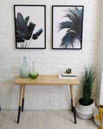 Scandi Style Console Table With Chamfer Top & 2 Tone Round Tapered Legs. Made Our Reclaimed Wood Finished in Weathered Oak