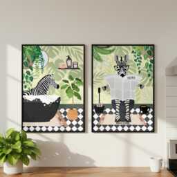 Zebra Bathroom Prints, Bath & Toilet Art, Set Of Two Green Prints - thumbnail 1