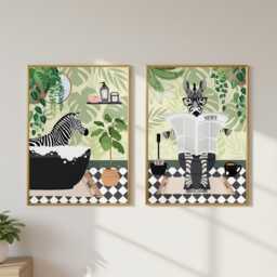 Zebra Bathroom Prints, Bath & Toilet Art, Set Of Two Green Prints - thumbnail 3