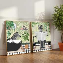 Zebra Bathroom Prints, Bath & Toilet Art, Set Of Two Green Prints - thumbnail 2
