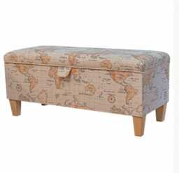 Storage Bench Stool in Maps Multi 100% Cotton Fabric - British Made - thumbnail 1