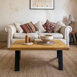 Handcrafted Rustic Wood Coffee Table With Trapeze Legs - thumbnail 2