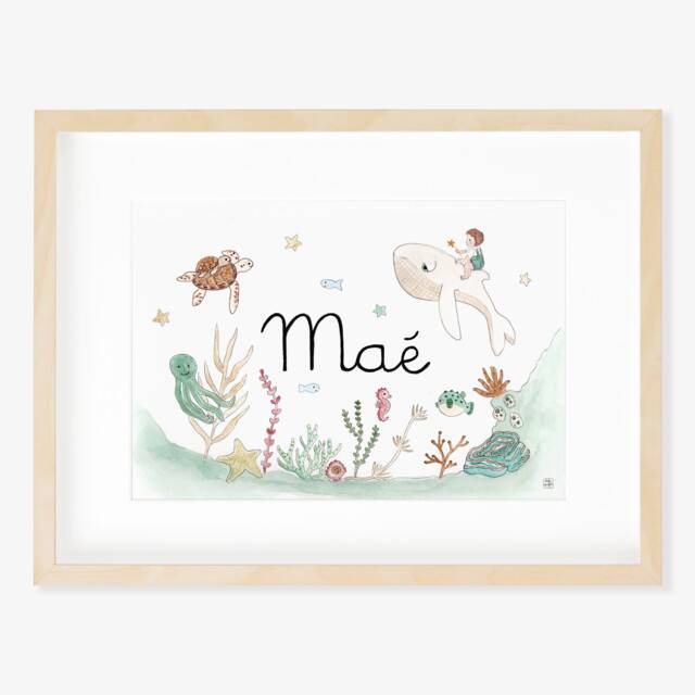 Customizable Baby First Name Illustration, Watercolor Painting, Child's Room Decor, Birth Gift, Marine Animals, Ocean - image 1