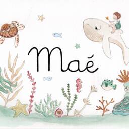 Customizable Baby First Name Illustration, Watercolor Painting, Child's Room Decor, Birth Gift, Marine Animals, Ocean - thumbnail 3