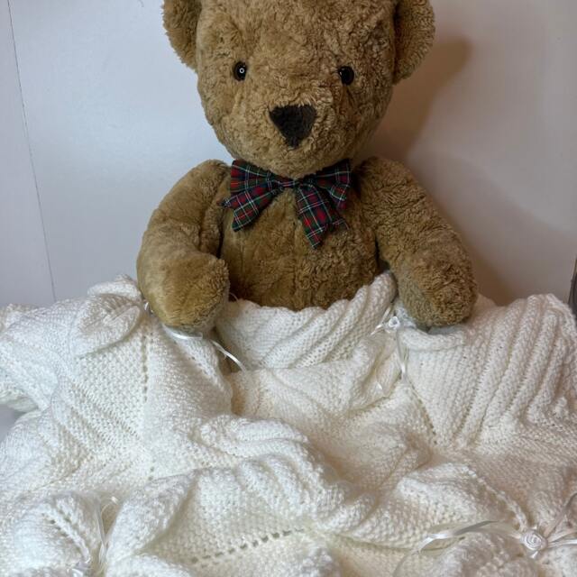 Hand Knitted Baby Pram Blanket White Rosebud Design - image 1