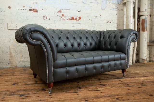 British Handmade Grey Steel Leather 2 Seater Chesterfield Sofa - image 1