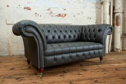 British Handmade Grey Steel Leather 2 Seater Chesterfield Sofa - thumbnail 1