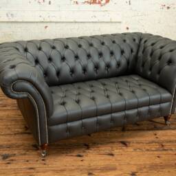 British Handmade Grey Steel Leather 2 Seater Chesterfield Sofa - thumbnail 3