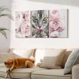 Canvas Set Of 3 Wall Art - A Cat Among Pink Flowers Roses & Peonies, Print, Animals Decor - thumbnail 1