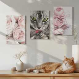 Canvas Set Of 3 Wall Art - A Cat Among Pink Flowers Roses & Peonies, Print, Animals Decor - thumbnail 3
