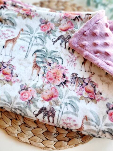 Safari Rose Floral Blanket, Flower Pram Pink Car Seat Jungle Pushchair Baby Giraffe Baby Gift, Newborn Blanket - image 1