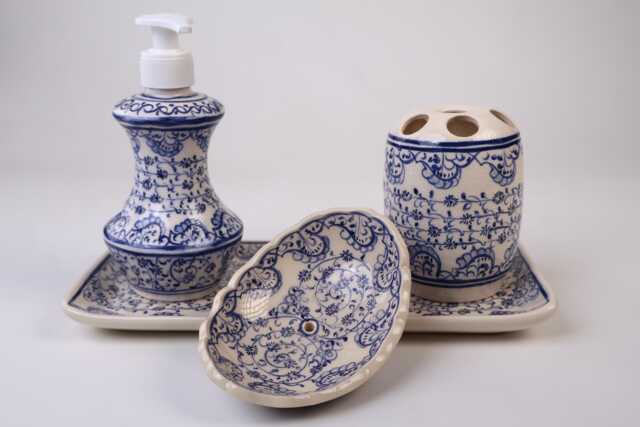 Bathroom Accessories Set With Blue Goldenhorn Design, Liquid Soap Dispenser &pump, Toothbrush Holder, Dish, Lotion Dispenser, Bath Gift - image 1