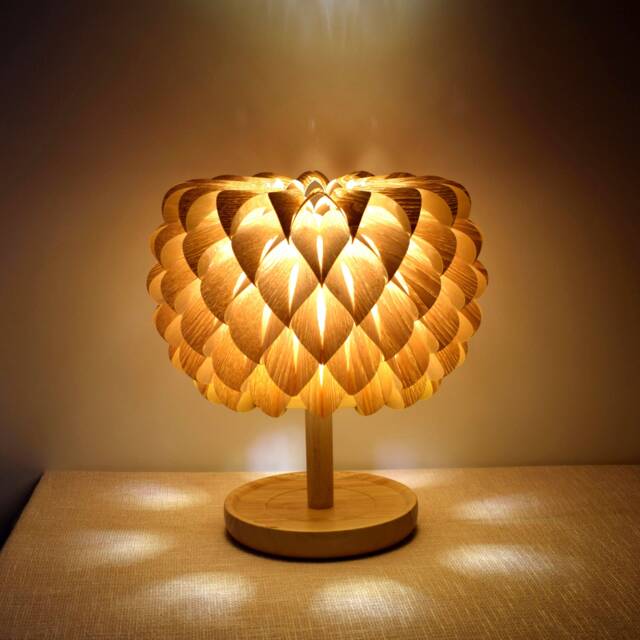 Table Lamp, Dahlia Lamp, Wooden Desk Lamp, Bedroom Decor Lamp, Asian Ash Veneer Shade, Asian Base - image 1
